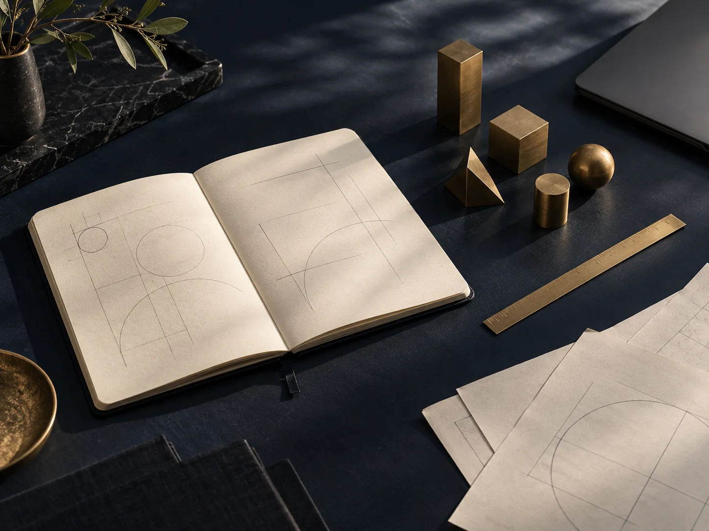 Ilustración de una mesa de estrategia con un cuaderno abierto y piezas geométricas de latón.